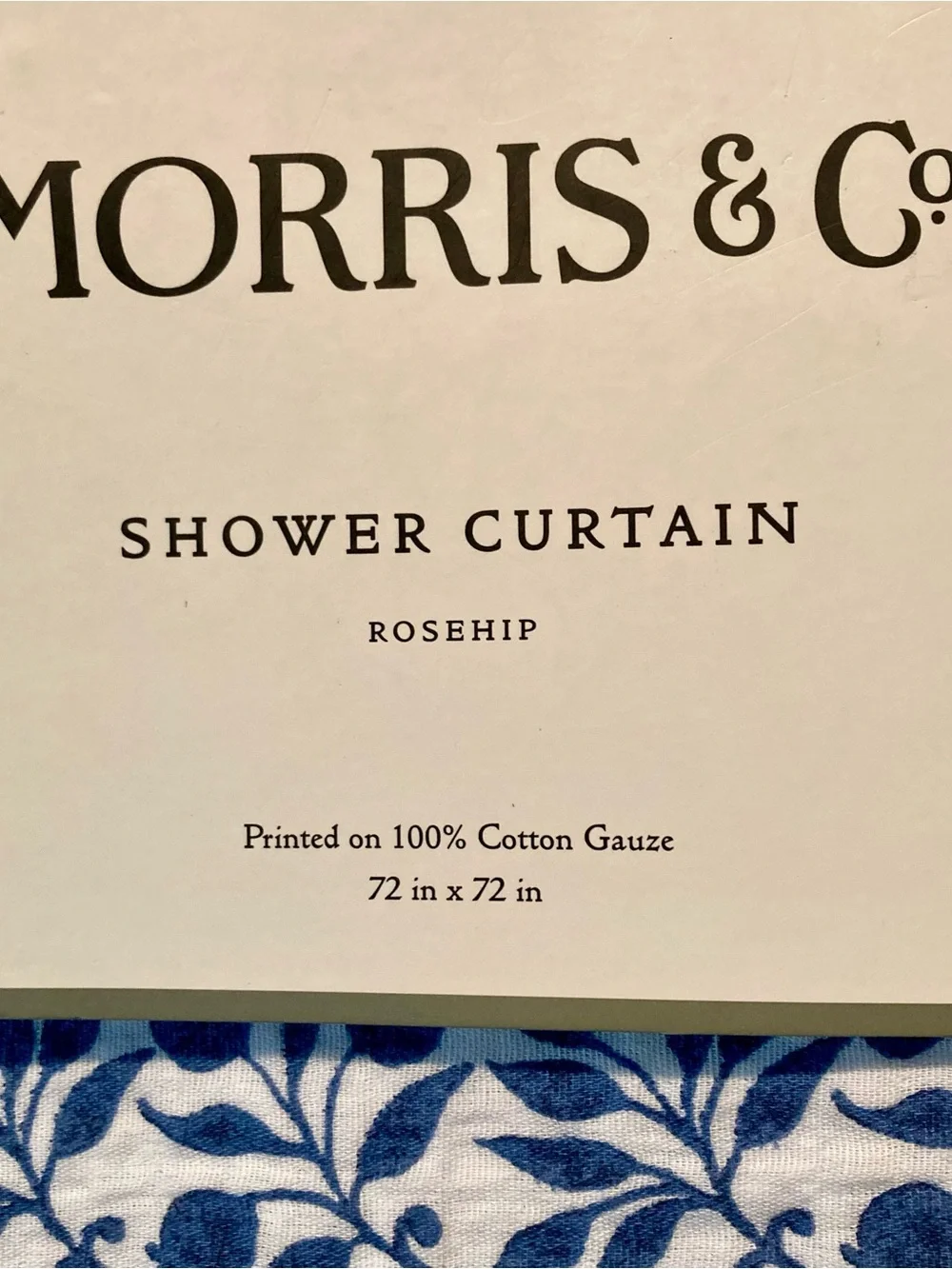 NWT Morris and Co 100% cotton gauze shower curtain-blue/white pattern “Rosehip”